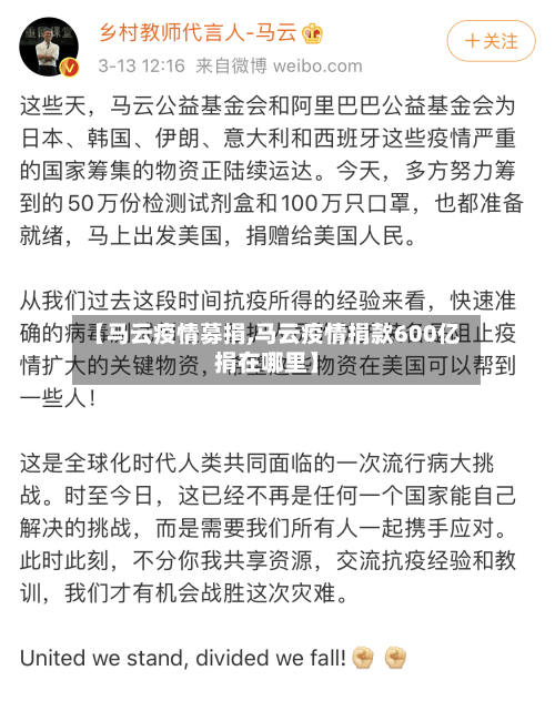 【马云疫情募捐,马云疫情捐款600亿捐在哪里】